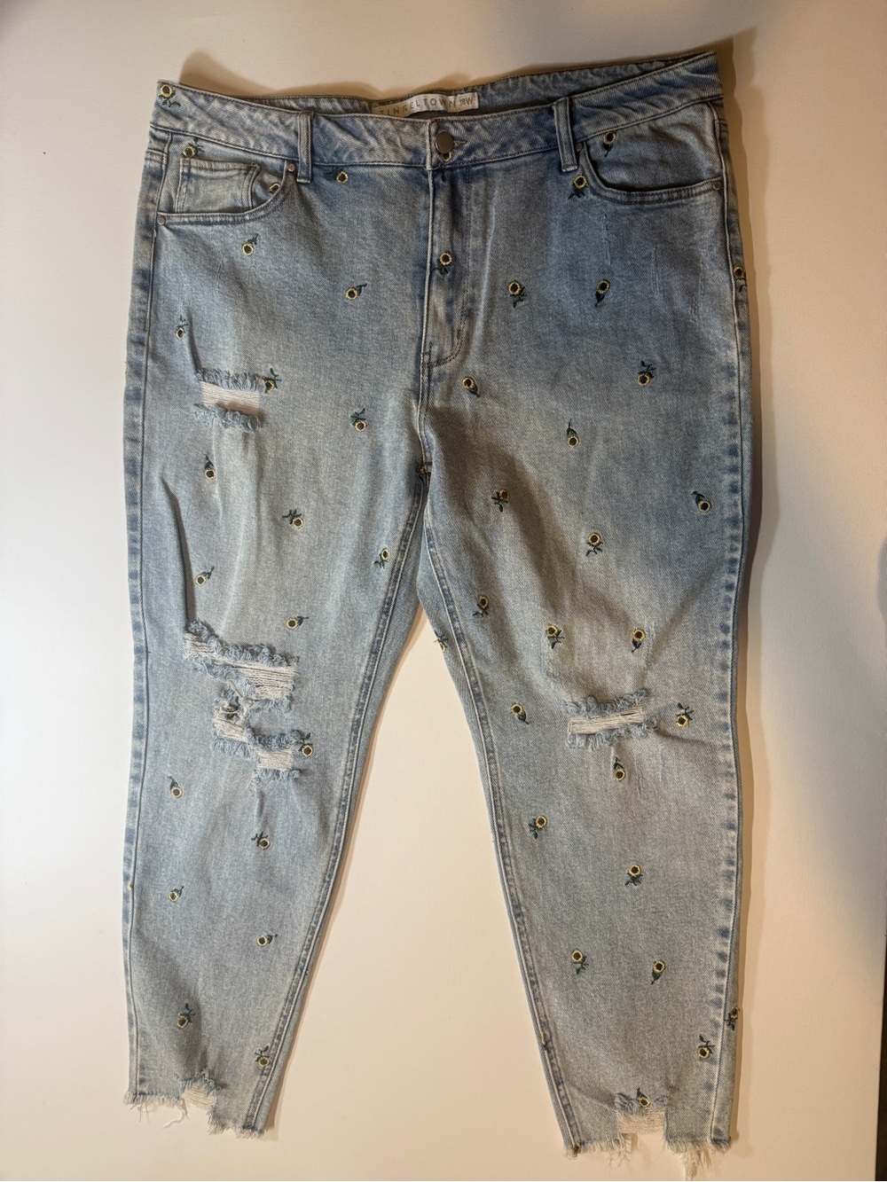 Brunette The Label Light Blue Denim Jeans with Tiny Sunflower Embroidery